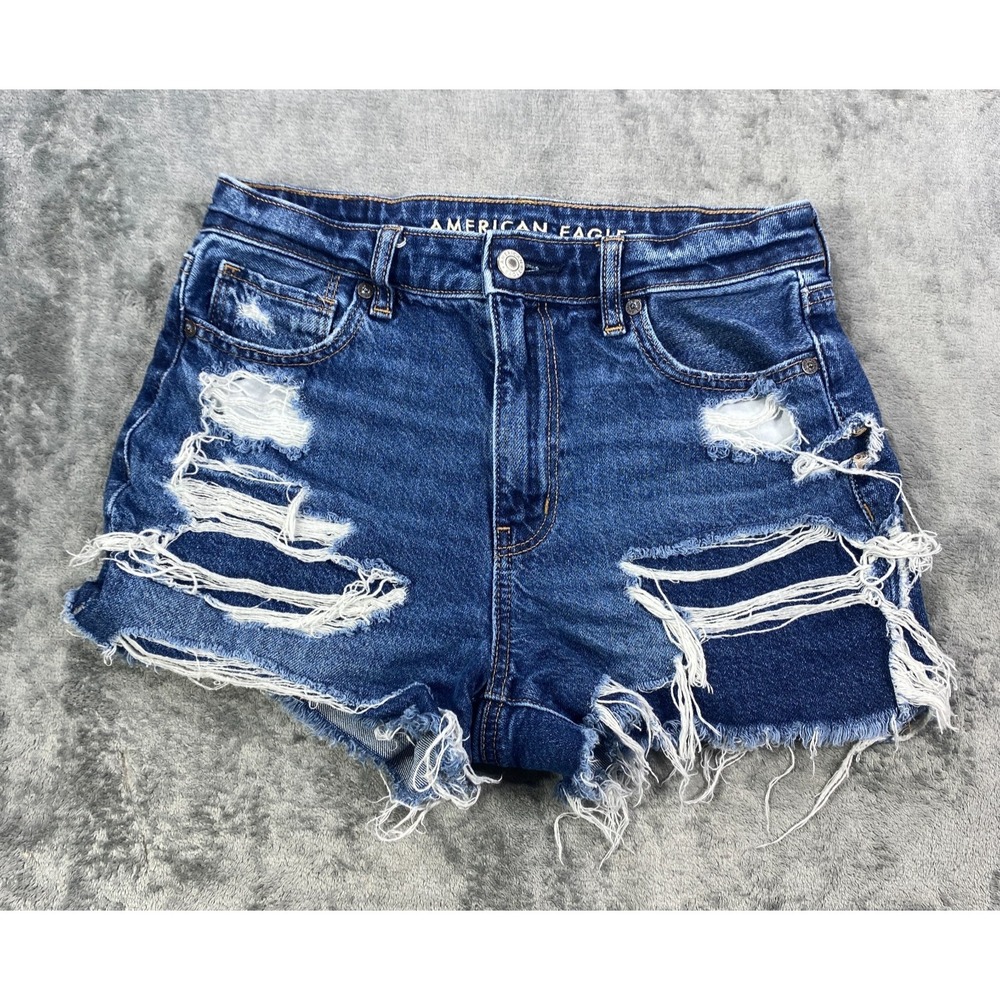 American Eagle Mom Shorts Womens Size 4 Hi Rise Shortie Distressed Denim Raw Hem